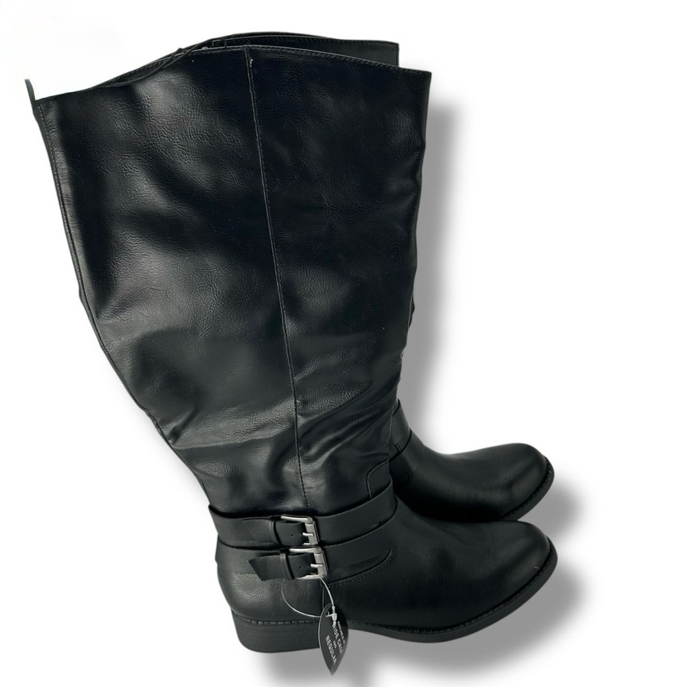 Wide Calf Black Heeled Boots with Buckle